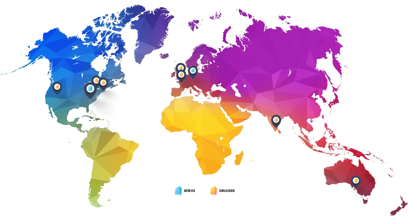 Map of Lulu's global book printing facilities and Lulu's offices